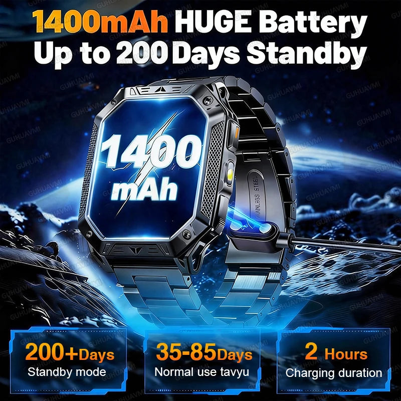 2026 New Built-in 1400mAh Super Large Battery Men Smart Watch Outdoor GPS 2.01"AMOLED Screen 10ATM Waterproof BT Call Smartwatch