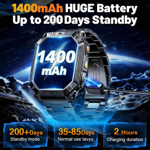 2026 New Built-in 1400mAh Super Large Battery Men Smart Watch Outdoor GPS 2.01"AMOLED Screen 10ATM Waterproof BT Call Smartwatch