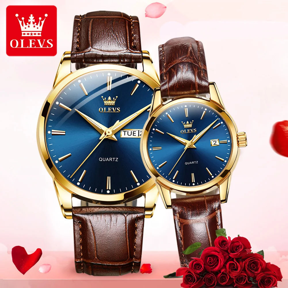 OLEVS 6898 Couple Watches Original Fashion Simple Waterproof Luminous Quartz Watch Leather Strap Date Wristwatch Couple Gifts