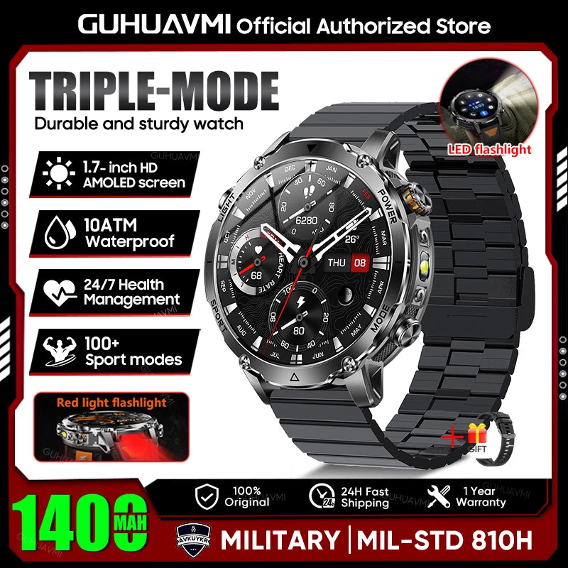 2026 New Military 1400mAh Battery Smart Watch Men Outdoor Flashlight 10ATM Waterproof Heart Rate Bluetooth Call Sports Bracelets