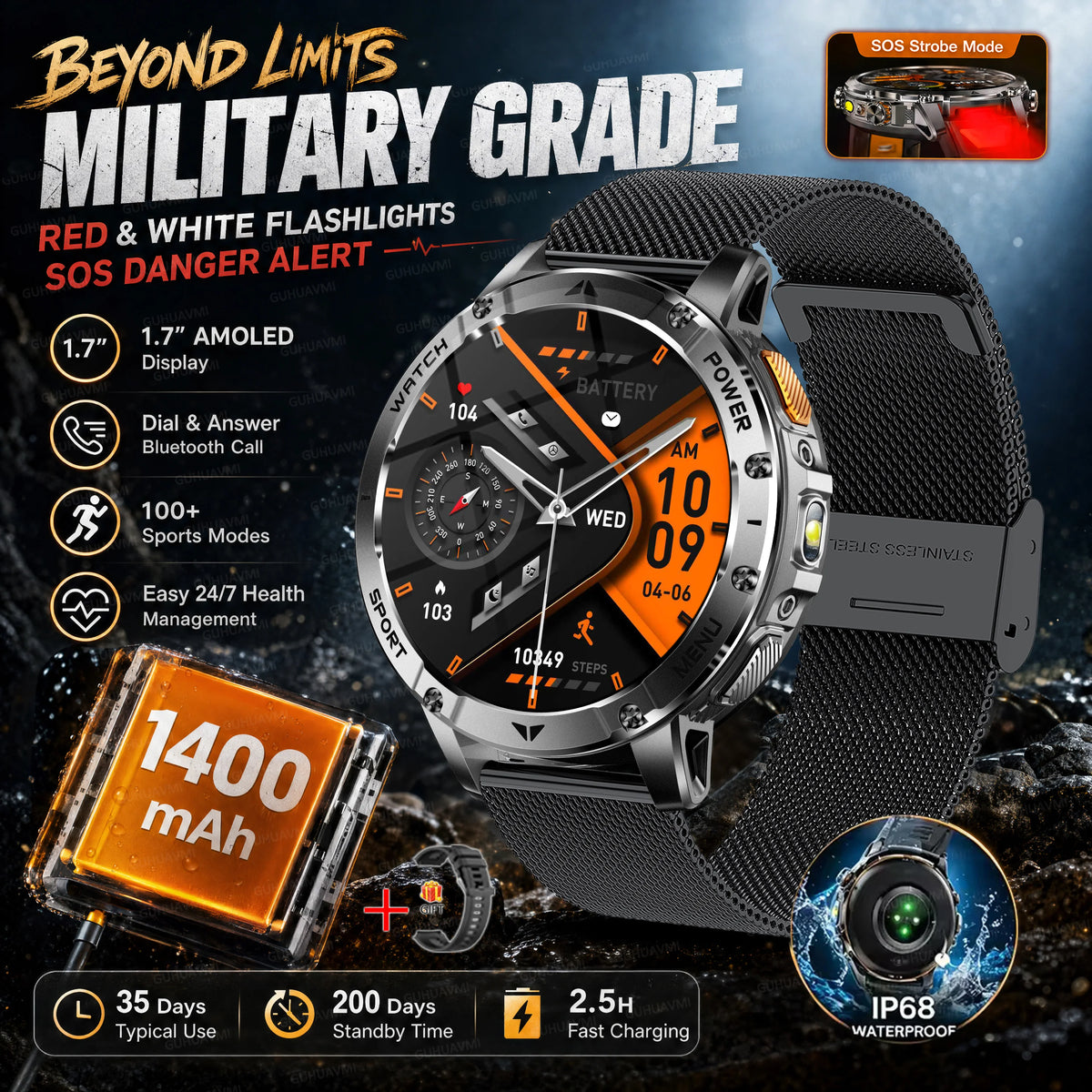 1400mAh Military Smart Watch 10ATM Waterproof 1.7-inch Outdoor Sport Flashlight Heart Rate Monitor Bluetooth Call SmartWatch Men