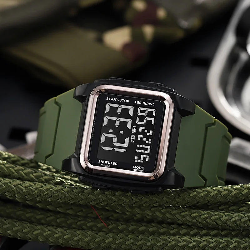 New square large screen watch, retro sports electronic watch, men's night light multifunctional outdoor watch