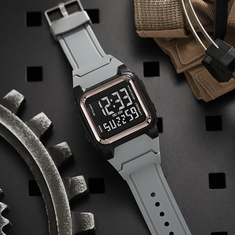 New square large screen watch, retro sports electronic watch, men's night light multifunctional outdoor watch