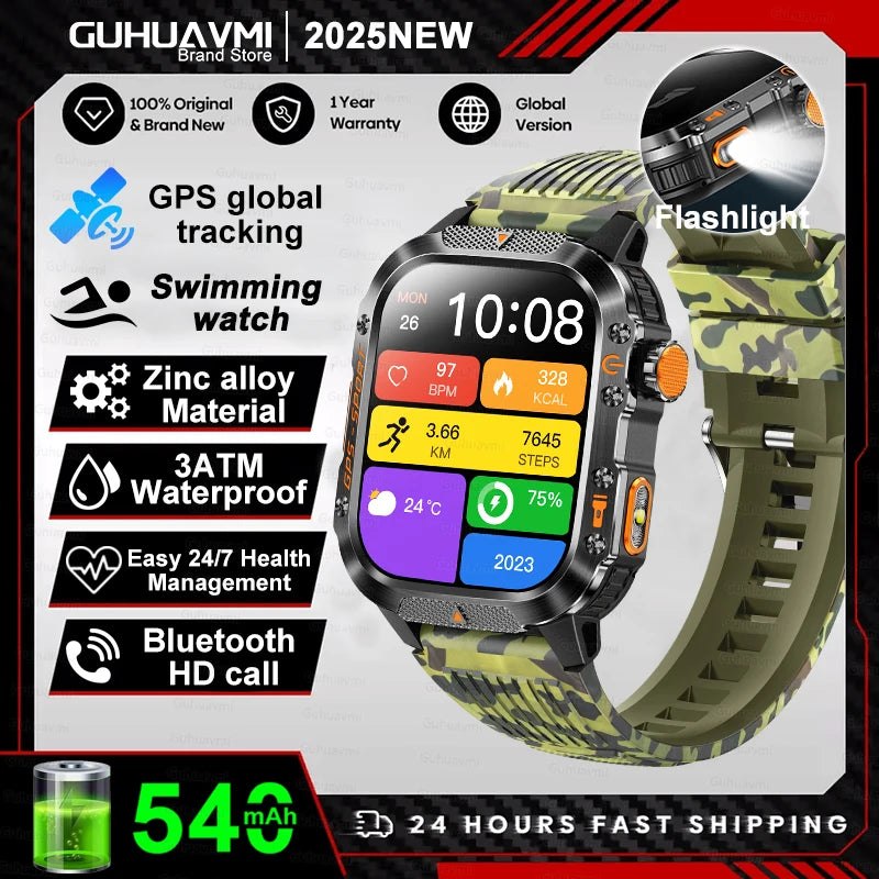 2026 New Military Grade Outdoor GPS Smart Watches Men Compass Heart Rate BT Call LED Flashlight 10ATM Waterproof Swim Smartwatch