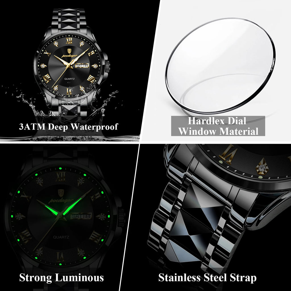 POEDAGAR Original Luxury Man Watch Waterproof Luminous Date Week Fashion Men Clock Stainless Steel Quartz Business Men's Watches