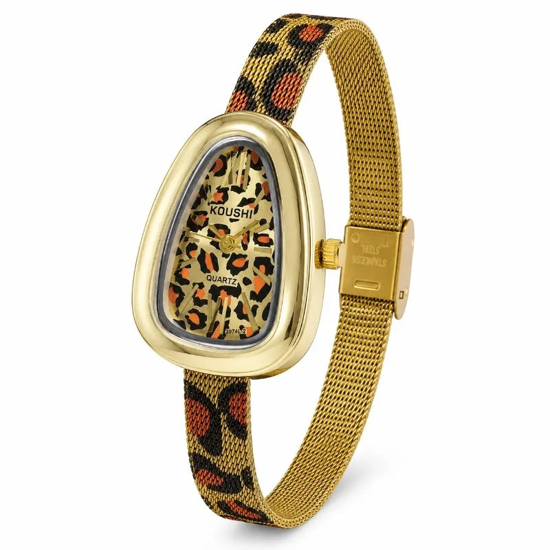 KOUSHI Vintage Leopard Print Dial Women's Quartz Watch Luxury Mesh Band Ladies Wristwatch Fashion Jewelry Gift for Daily Party