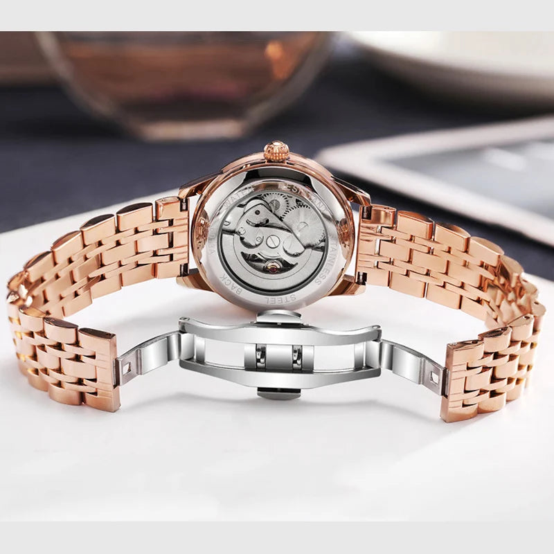 Watches Women Fashion Watch 2023 Automatic Mechanical Rhinestone Skeleton Dial Premium Leather Band Elegant Lady Watch New