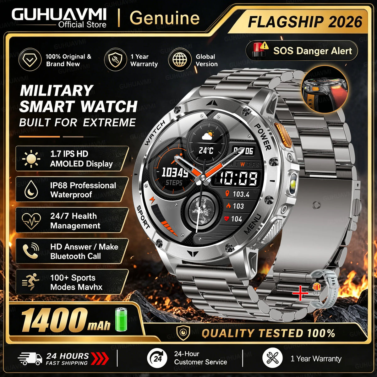 Men Rugged Steel Sport Smart Watch 1400mAh Battery 1.7" HD Bluetooth Call 10ATM Waterproof Heart Rate Fitness Trackr Smartwatch