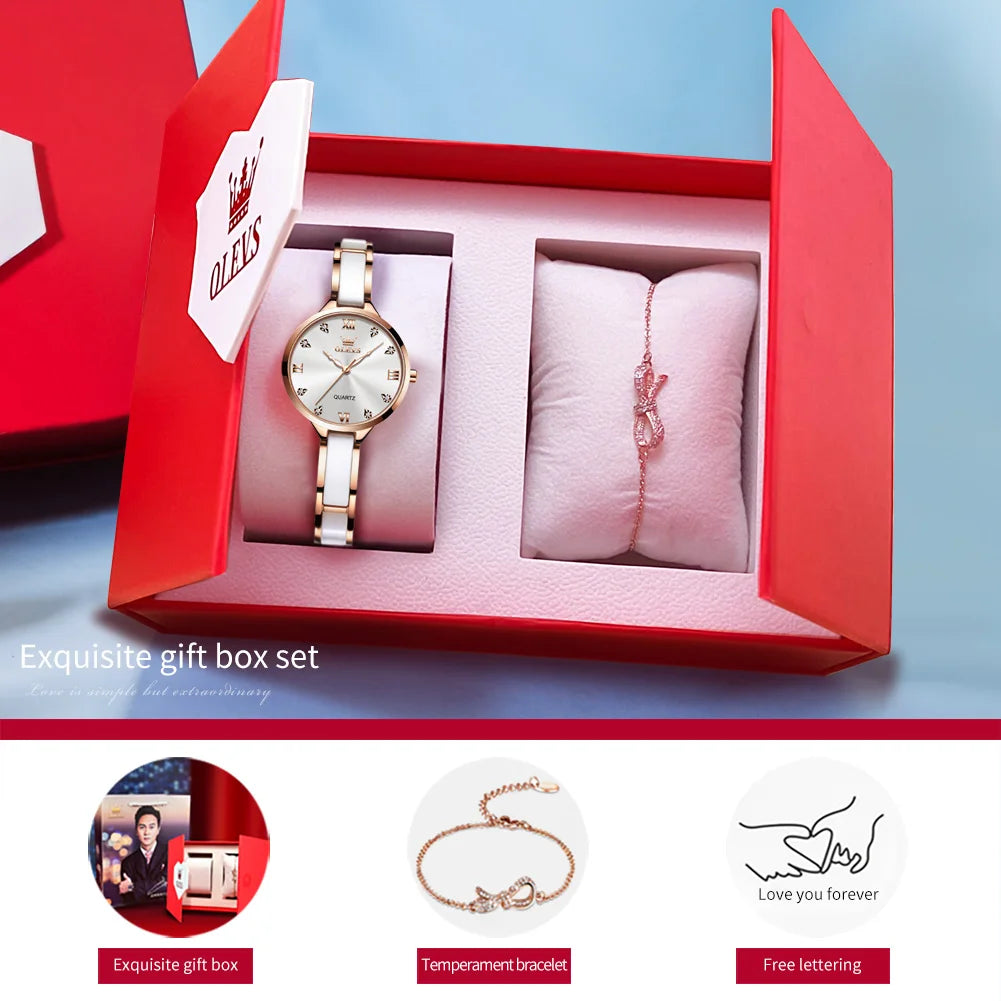 OLEVS 5872 Women Watch Elegant Luxury Original Quartz Watch  Waterproof Luminous Ceramic Strap Watches For Women Bracelet Set