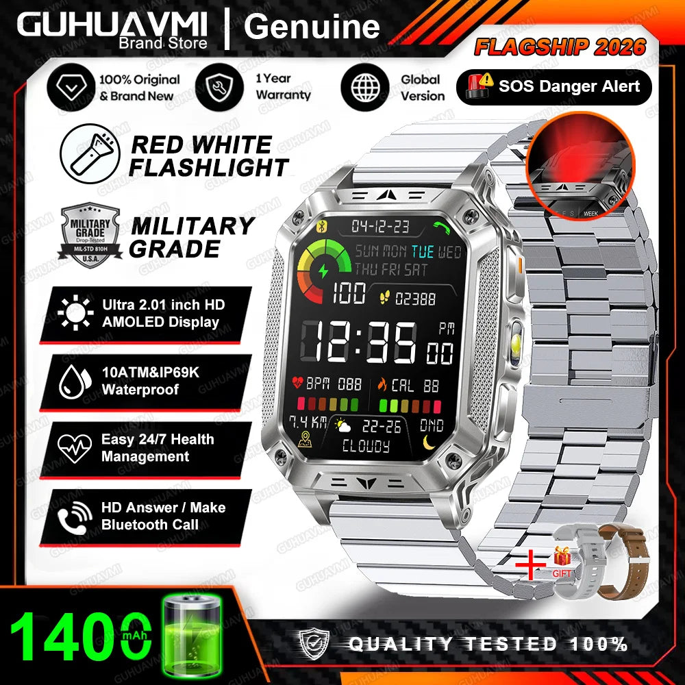 2026 New Built-in 1400mAh Super Large Battery Men Smart Watch Outdoor GPS 2.01"AMOLED Screen 10ATM Waterproof BT Call Smartwatch