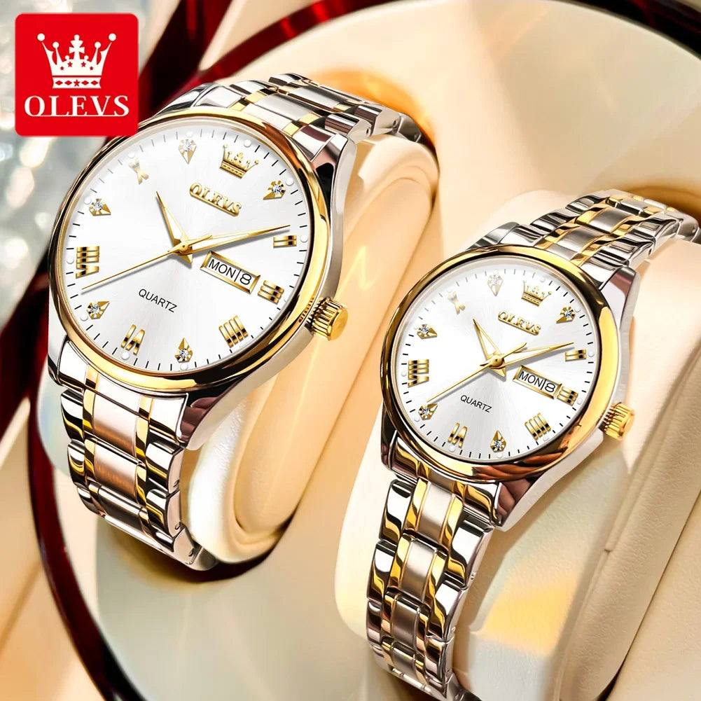 OLEVS  Couple Watch Luxury Gold Diamond Dual Calendar Waterproof Watch Fashion Brand Quartz Appointment Clock Couple Watch 5563