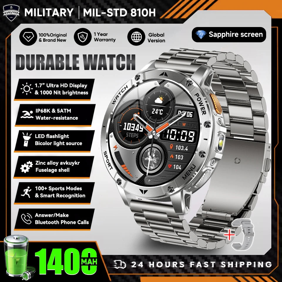 New Outdoor Sports Fitness 1.7 Inch Smart Watch 1400mAh Battery Waterproof SOS Dual-Color Flashlight BT Call Smart watch For Men