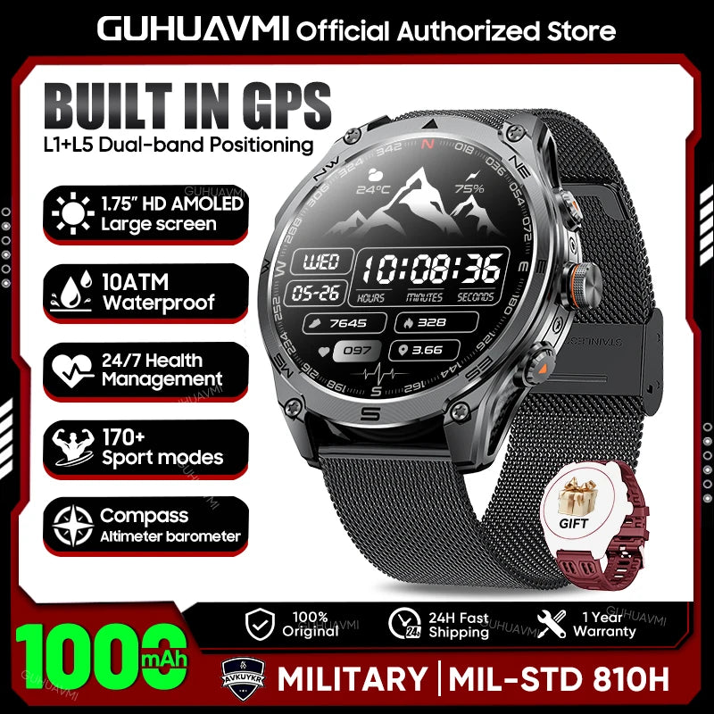 2026 Hot Sales Outdoor Durable GPS Sports Smart Watch Built-in GPS 1000mAh Battery 10ATM Waterproof 1.75" AOD Men Military Watch