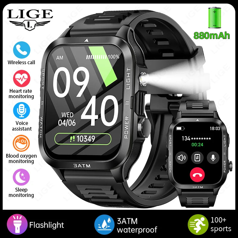 LIGE 2026 New 1.96"HD Screen Smartwatch Men Sports 880mAh Battery Bluetooth Call LED Flashlight 3ATM Waterproof Men Smart Watch