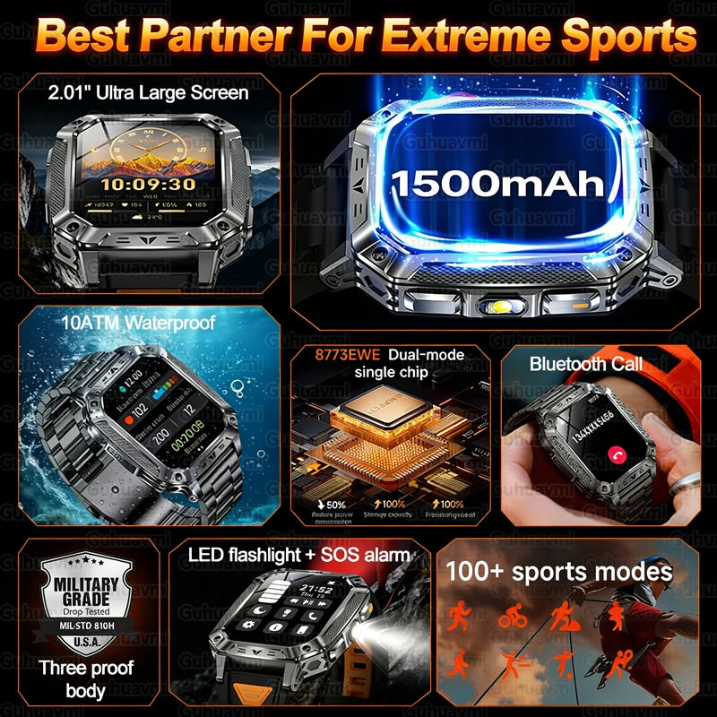 1500mAh Military Grade Smart Watch 100 Days Battery Life 10ATM Waterproof Bluetooth Call SOS Alert LED Flashlight Sports Watches