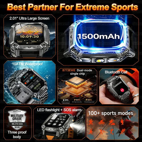 1500mAh Military Grade Smart Watch 100 Days Battery Life 10ATM Waterproof Bluetooth Call SOS Alert LED Flashlight Sports Watches