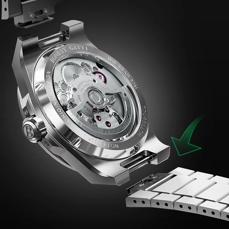 BONEST GATTI Automatic Movement Tourbillon Watch Mens 316L Stainless Steel Skeleton Luminous Dial Mechanical Watches for Men