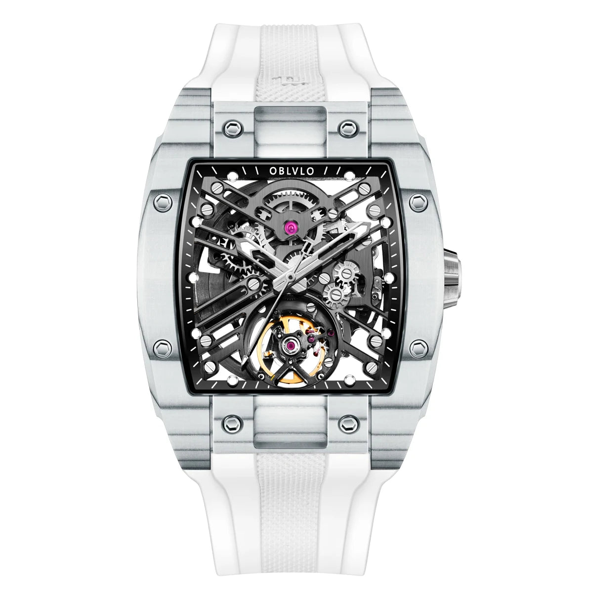 OBLVLO Top Watch Brand Sport Watch For Man Square Skeleton Watch Steel Automatic Mechanical Watch Rubber Strap Watches EM-ST