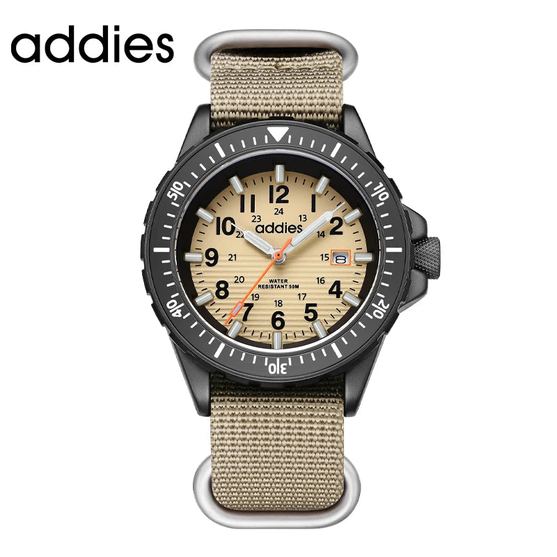 ADDIES 2026 New Men's Sports Quartz Watch Nylon Strap Swimming Waterproof Watch Tubular Luminous Outdoor Fashion Quartz Watch