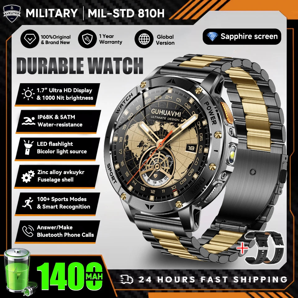 New Outdoor Sports Fitness 1.7 Inch Smart Watch 1400mAh Battery Waterproof SOS Dual-Color Flashlight BT Call Smart watch For Men