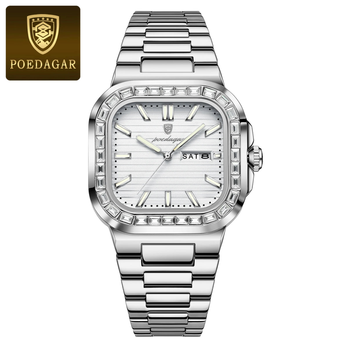 POEDAGAR Square Fashion Men's Watch Date Week Waterproof Luminous Quartz Man Watch Stainless Steel Luxury Sports Watches For Men