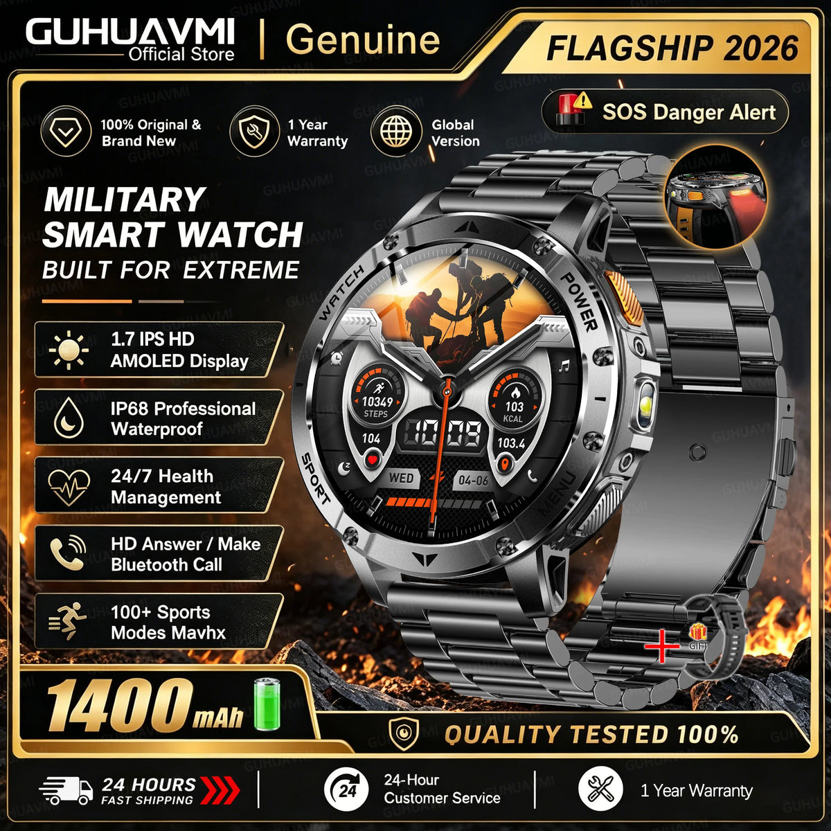 Men Rugged Steel Sport Smart Watch 1400mAh Battery 1.7" HD Bluetooth Call 10ATM Waterproof Heart Rate Fitness Trackr Smartwatch
