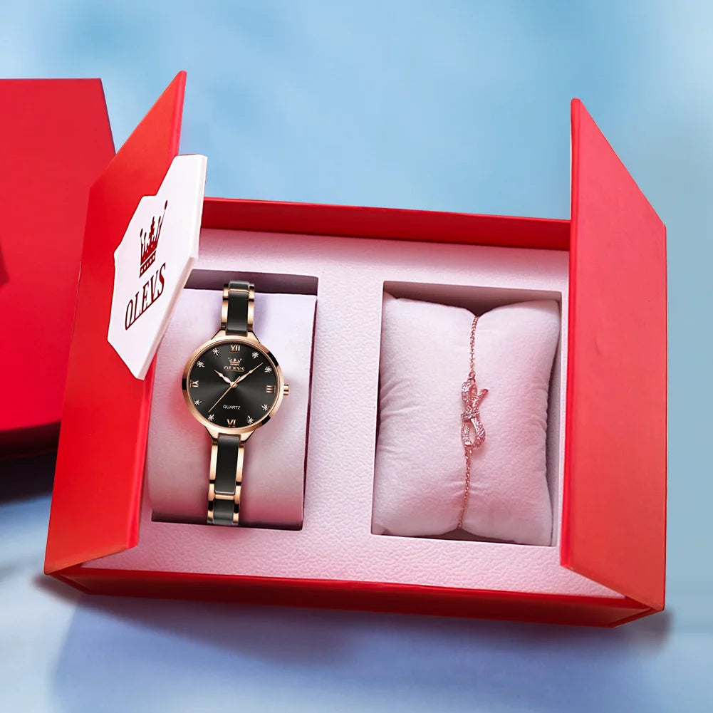 OLEVS 5872 Women Watch Elegant Luxury Original Quartz Watch  Waterproof Luminous Ceramic Strap Watches For Women Bracelet Set