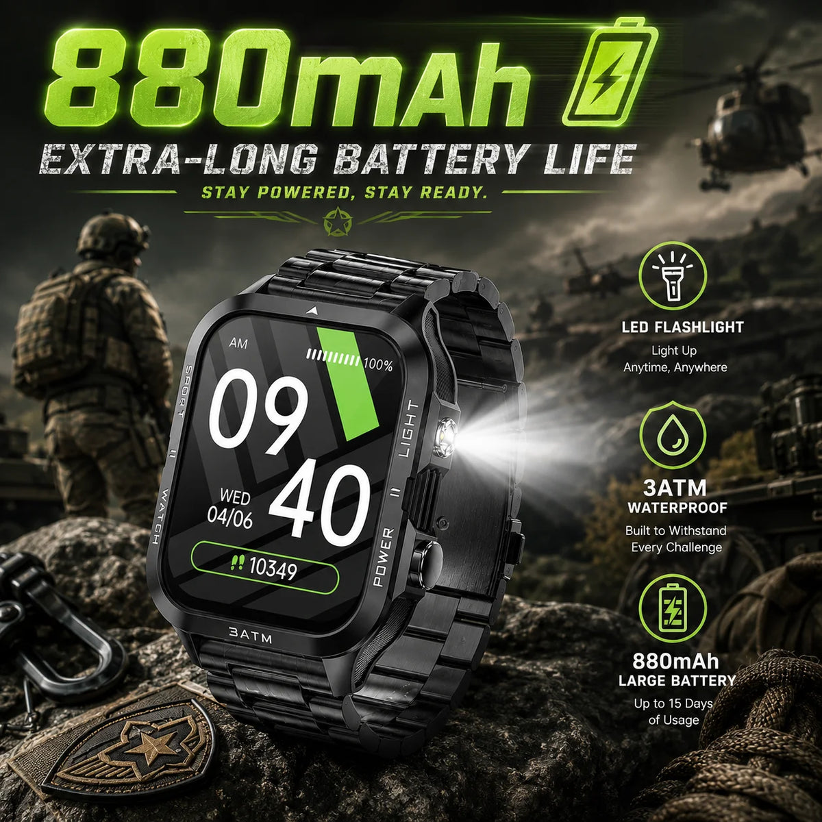 LIGE 2026 New 1.96"HD Screen Smartwatch Men Sports 880mAh Battery Bluetooth Call LED Flashlight 3ATM Waterproof Men Smart Watch