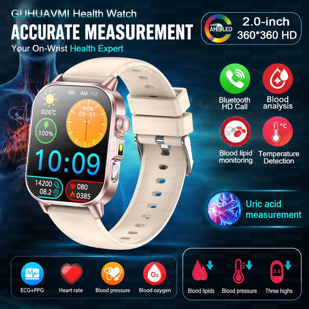 2026 Nursing Grade Smartwatch Men 2.0inch AMOLED ECG Heart Health BP Lipid Uric Acid Monitor Bluetooth Call Outdoor Sports Watch
