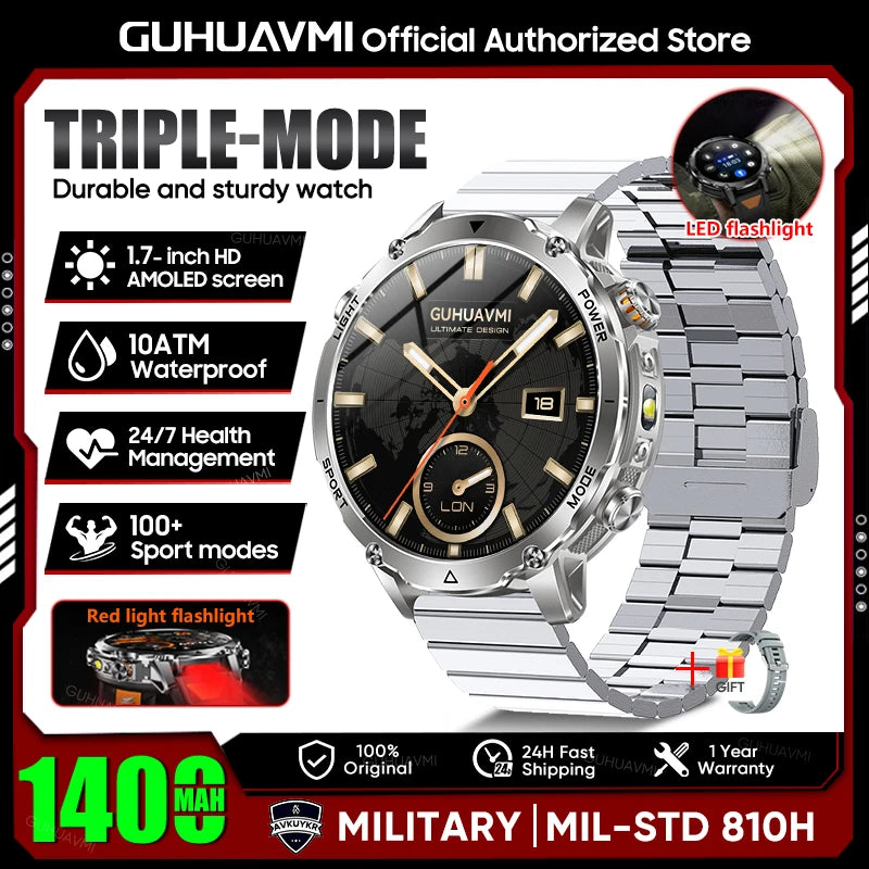 2026 New Military 1400mAh Battery Smart Watch Men Outdoor Flashlight 10ATM Waterproof Heart Rate Bluetooth Call Sports Bracelets