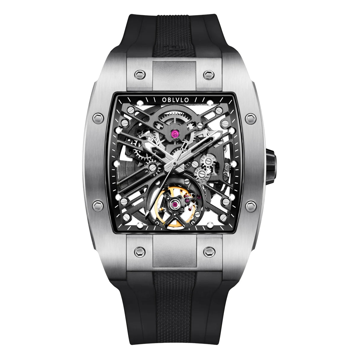 OBLVLO Top Watch Brand Sport Watch For Man Square Skeleton Watch Steel Automatic Mechanical Watch Rubber Strap Watches EM-ST