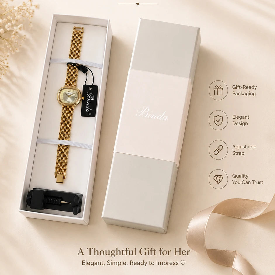 Binda Women's Retro Gold Square Quartz Watch - Roman Numerals, Two-Tone Dial, Gold Metal Bracelet, Elegant Light Luxury