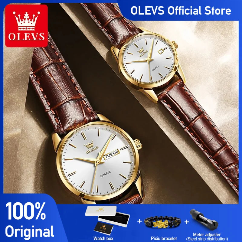 OLEVS 6898 Couple Watches Original Fashion Simple Waterproof Luminous Quartz Watch Leather Strap Date Wristwatch Couple Gifts