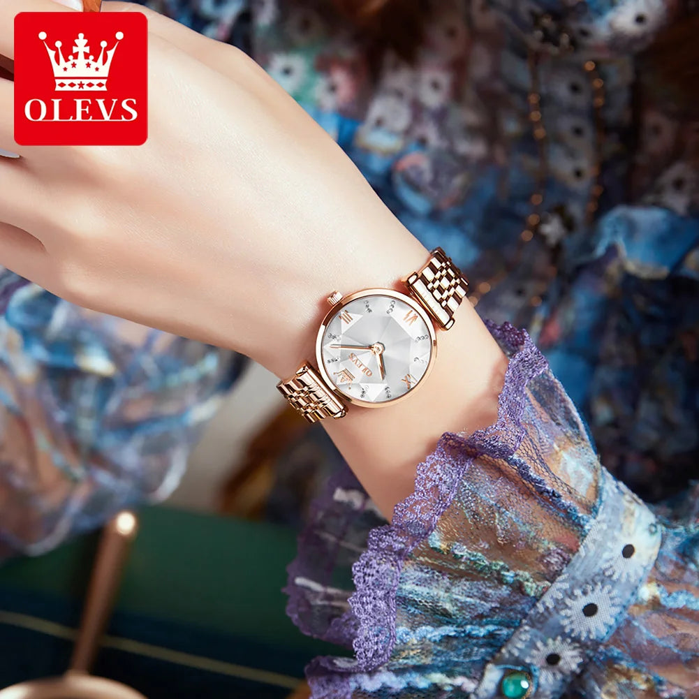 OLEVS Women's Watches Luxury Fashion Fine Steel Rose Gold Strap Rhombus Mirror Original Quartz Wristwatch Waterproof Trend Dress
