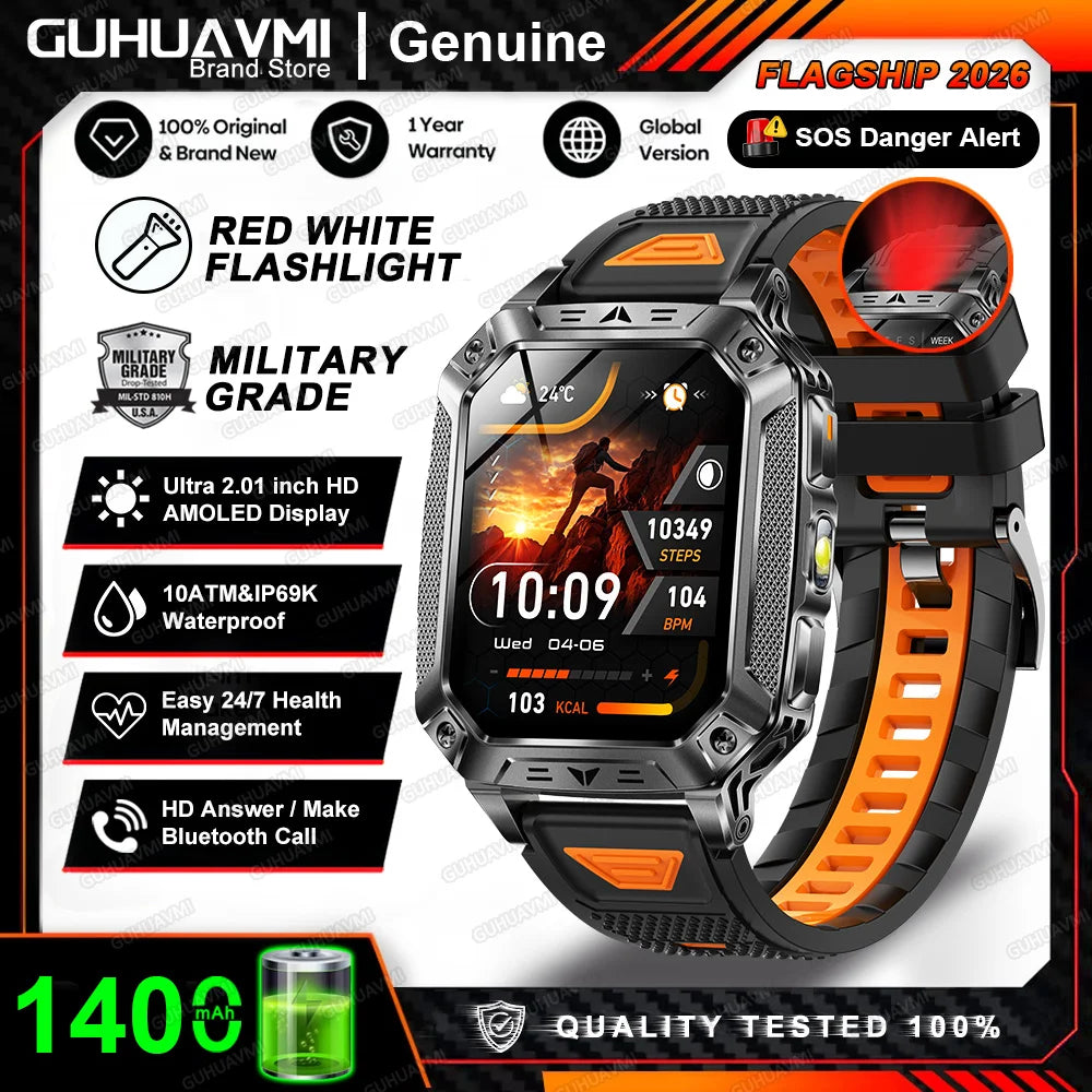2026 New Built-in 1400mAh Super Large Battery Men Smart Watch Outdoor GPS 2.01"AMOLED Screen 10ATM Waterproof BT Call Smartwatch