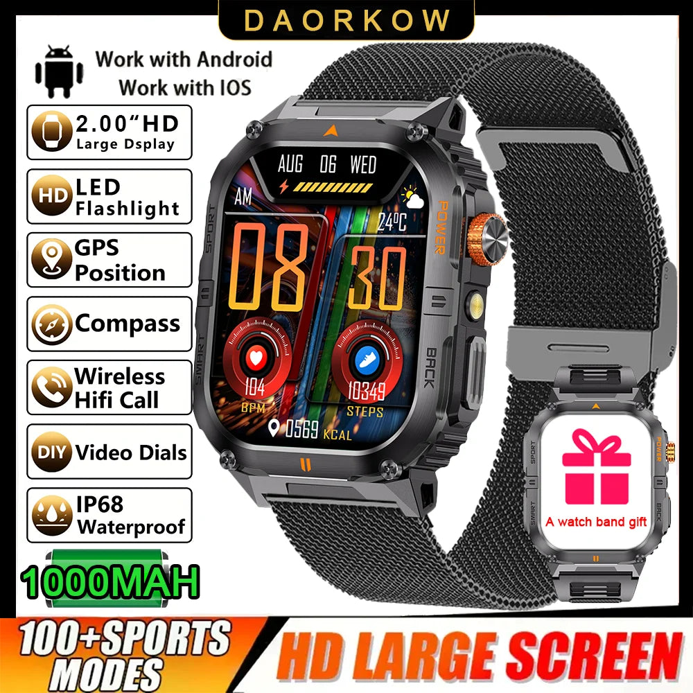 2026 1000mAh military outdoor smartwatch 2.01 inches LED flashlight IP68 waterproof Heart rate sleep Bluetooth call sport watch