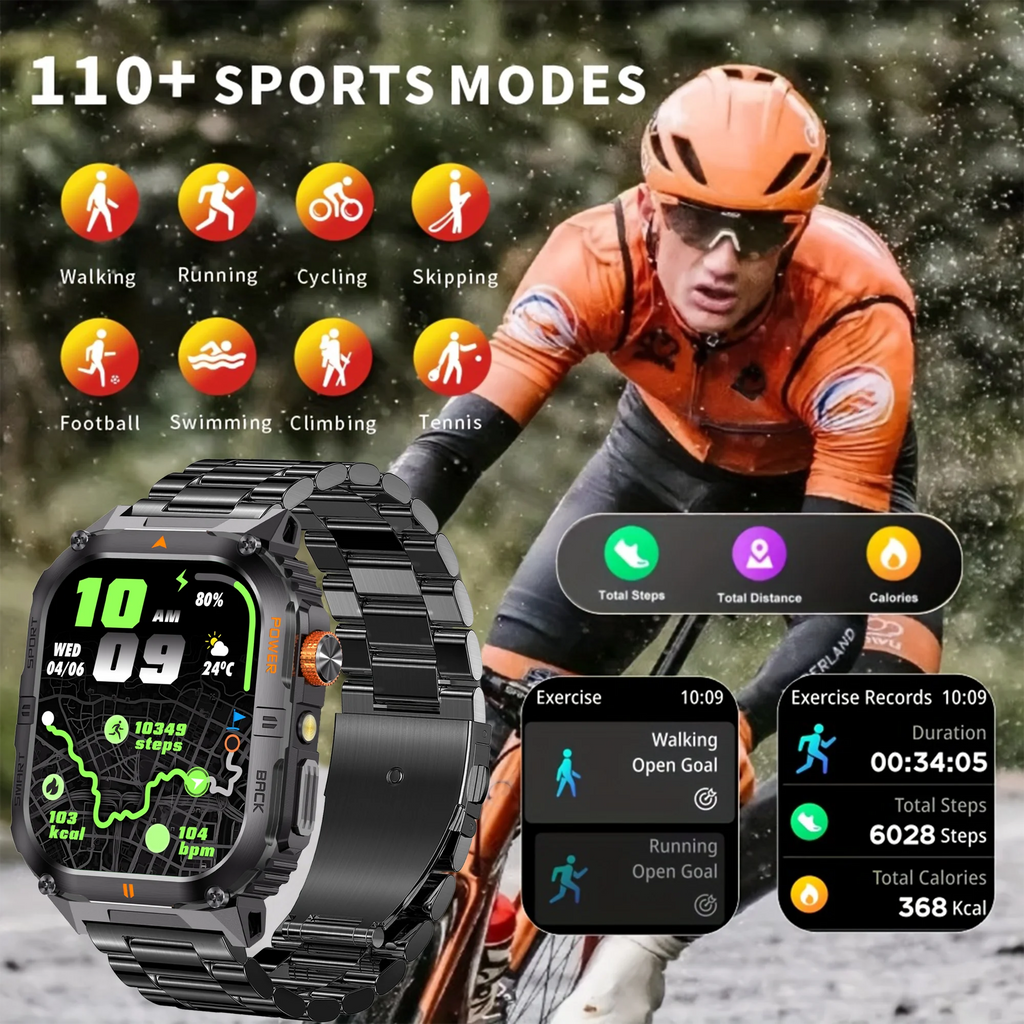 2026 1000mAh military outdoor smartwatch 2.01 inches LED flashlight IP68 waterproof Heart rate sleep Bluetooth call sport watch
