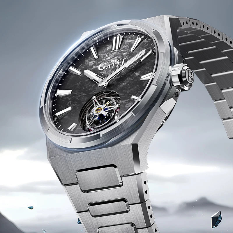 BONEST GATTI Automatic Movement Tourbillon Watch Mens 316L Stainless Steel Skeleton Luminous Dial Mechanical Watches for Men