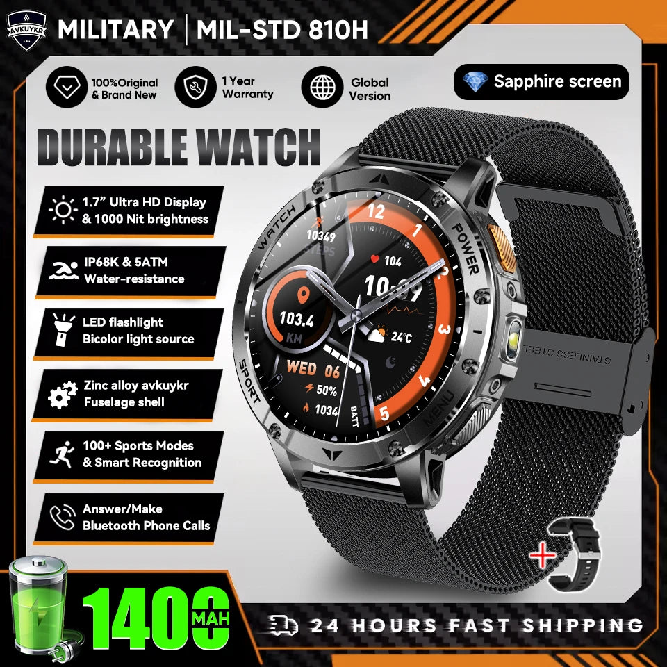 New Outdoor Sports Fitness 1.7 Inch Smart Watch 1400mAh Battery Waterproof SOS Dual-Color Flashlight BT Call Smart watch For Men