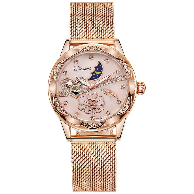 Watches Women Fashion Watch 2023 Automatic Mechanical Rhinestone Skeleton Dial Premium Leather Band Elegant Lady Watch New
