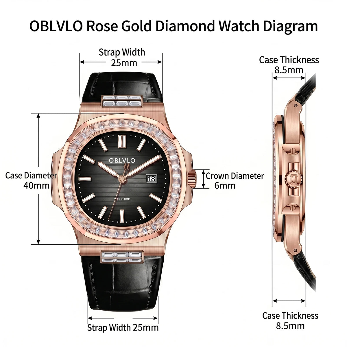 OBLVLO Fashion Men's Watch Rose Gold Case Diamonds Bezel Swiss Quartz Luminous Hands Sapphire Crystal Leather Strap FM-YWL-D