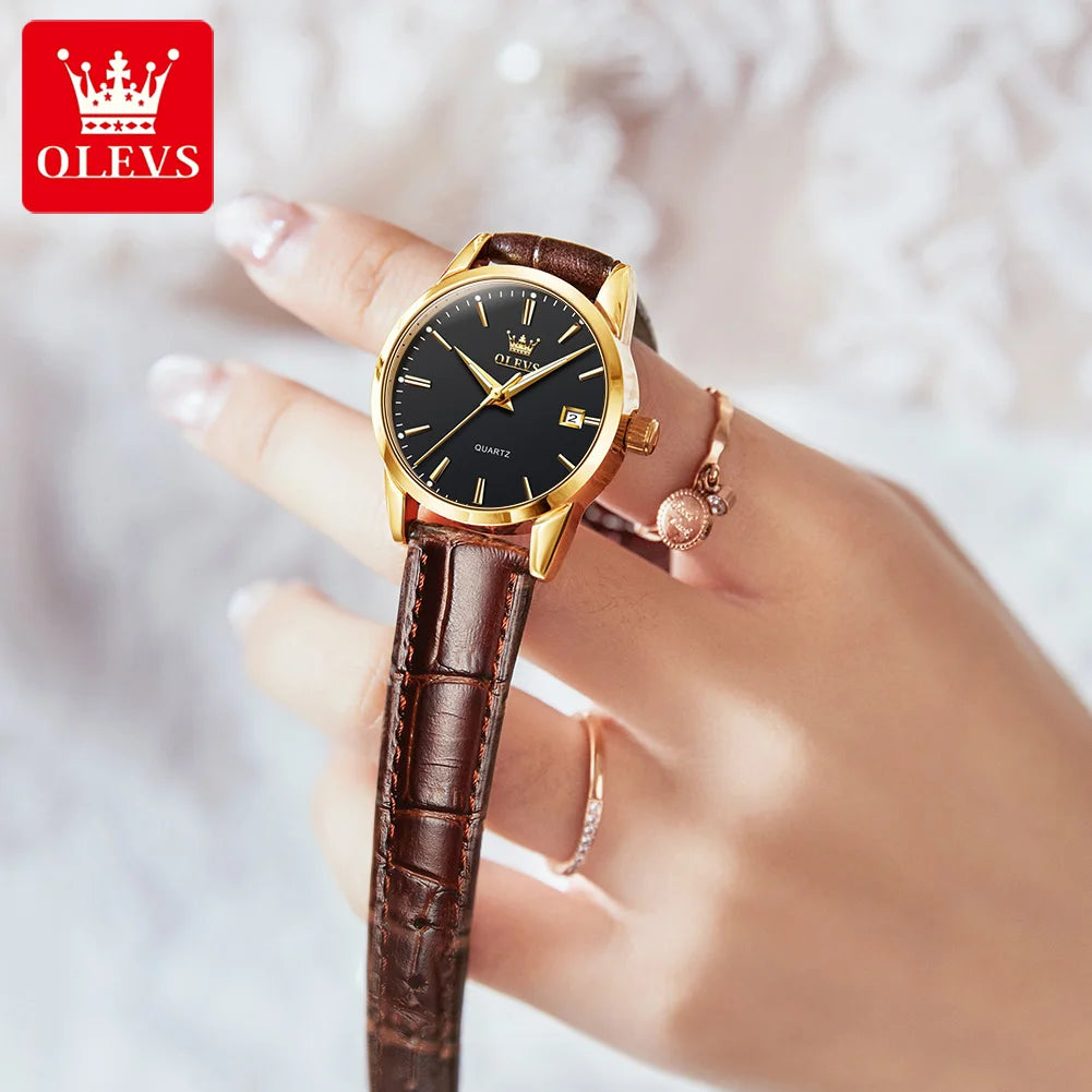 OLEVS 6898 Couple Watches Original Fashion Simple Waterproof Luminous Quartz Watch Leather Strap Date Wristwatch Couple Gifts
