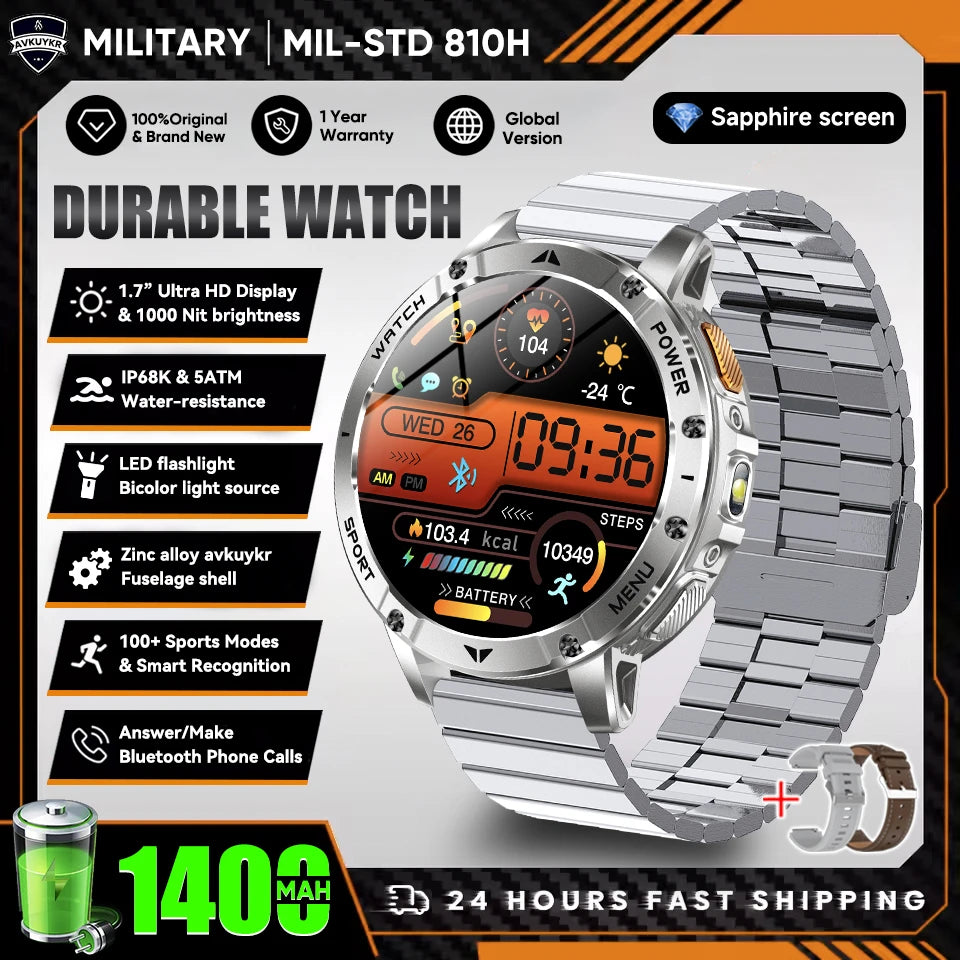 New Outdoor Sports Fitness 1.7 Inch Smart Watch 1400mAh Battery Waterproof SOS Dual-Color Flashlight BT Call Smart watch For Men