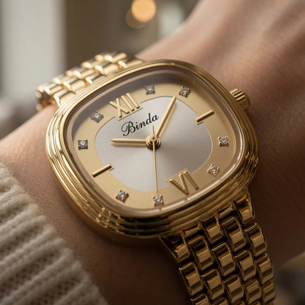 Binda Women's Retro Gold Square Quartz Watch - Roman Numerals, Two-Tone Dial, Gold Metal Bracelet, Elegant Light Luxury