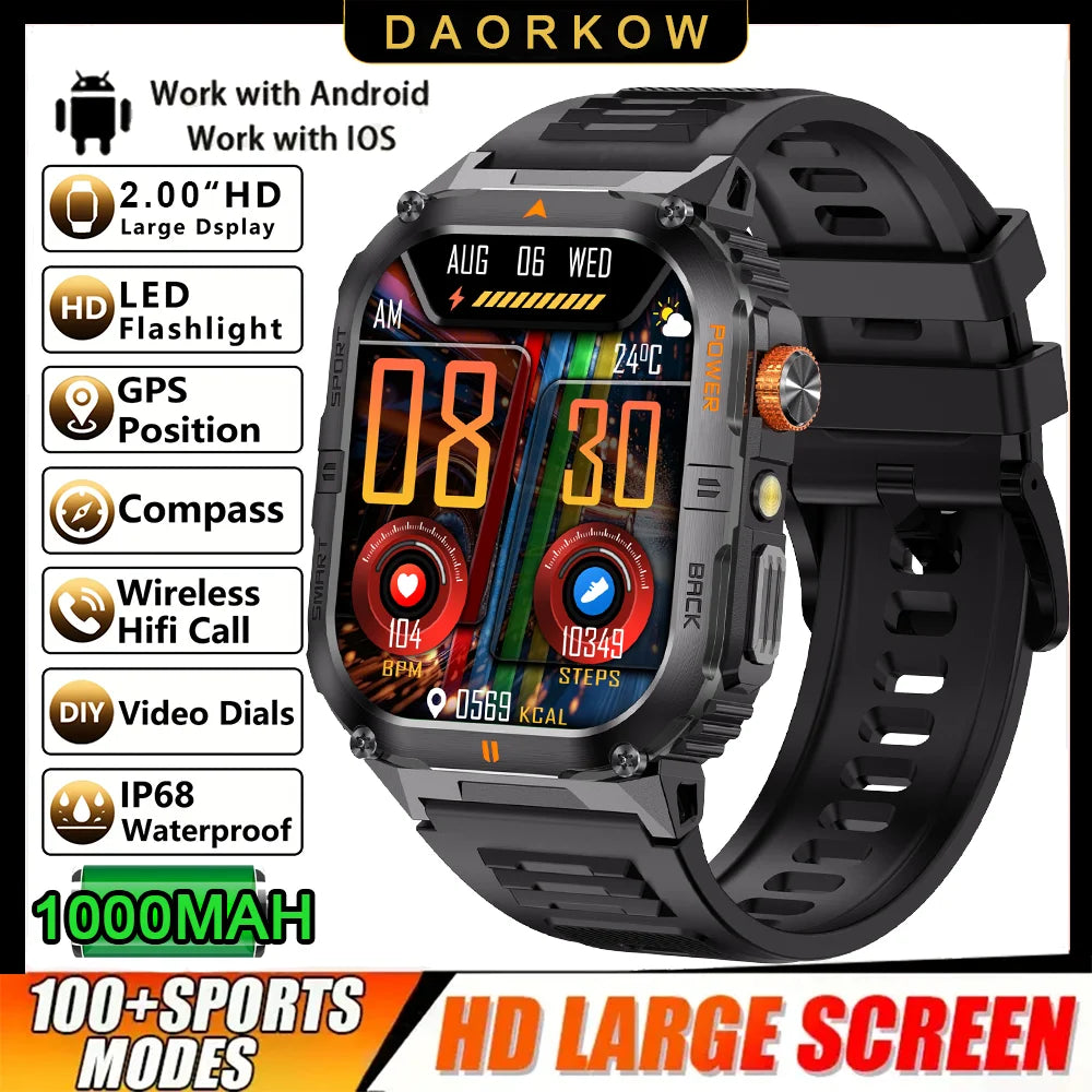 2026 1000mAh military outdoor smartwatch 2.01 inches LED flashlight IP68 waterproof Heart rate sleep Bluetooth call sport watch