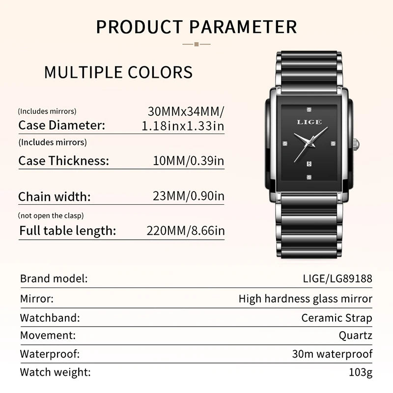 LIGE New Luxury Women Watches Elegant Ceramic Quartz Wristwatches Waterproof Date Fashion Gift For Ladies Watch Relojs Mujer+Box