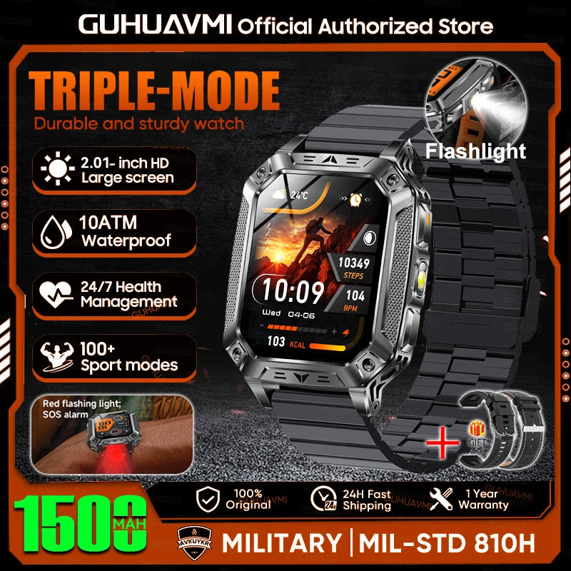 1500mAh Military Grade Smart Watch 100 Days Battery Life 10ATM Waterproof Bluetooth Call SOS Alert LED Flashlight Sports Watches