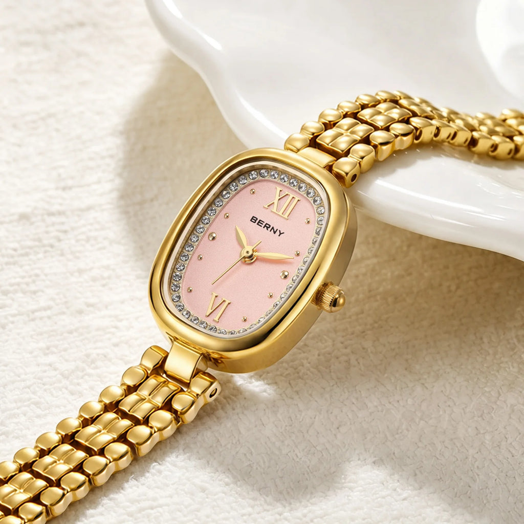 BERNY Golden Watches for Women Elegant Ladies Quartz Watch Luxury Slim Oval Fashion Casual Minimalist Party Gift Wristwatch