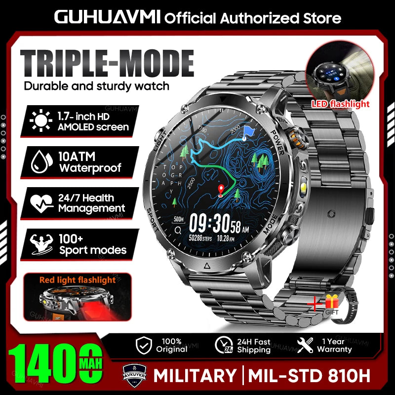 2026 New Military 1400mAh Battery Smart Watch Men Outdoor Flashlight 10ATM Waterproof Heart Rate Bluetooth Call Sports Bracelets