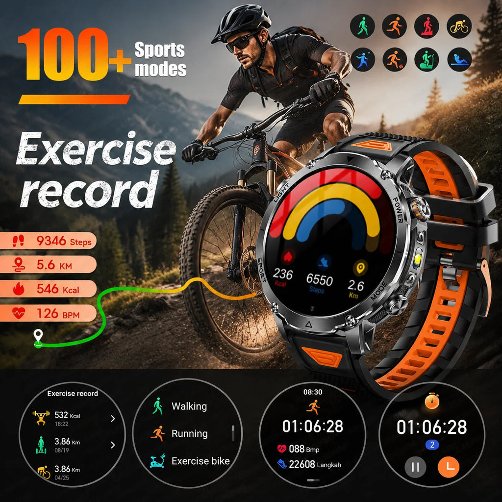 2026 New Military 1400mAh Battery Smart Watch Men Outdoor Flashlight 10ATM Waterproof Heart Rate Bluetooth Call Sports Bracelets